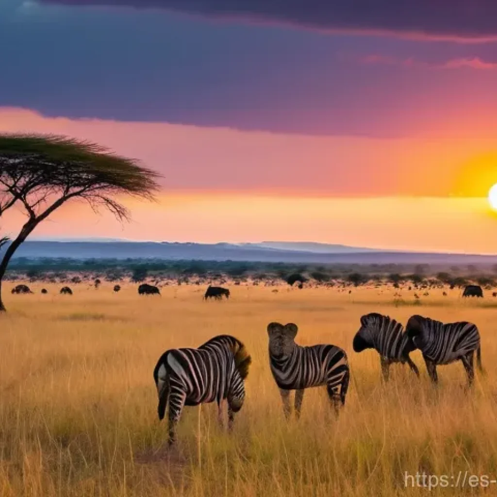 케냐의 기후와 날씨 - **Prompt:** A vibrant, sun-drenched Kenyan savanna landscape at dawn. In the foreground, a majestic ...
