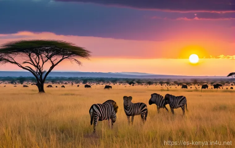 케냐의 기후와 날씨 - **Prompt:** A vibrant, sun-drenched Kenyan savanna landscape at dawn. In the foreground, a majestic ...