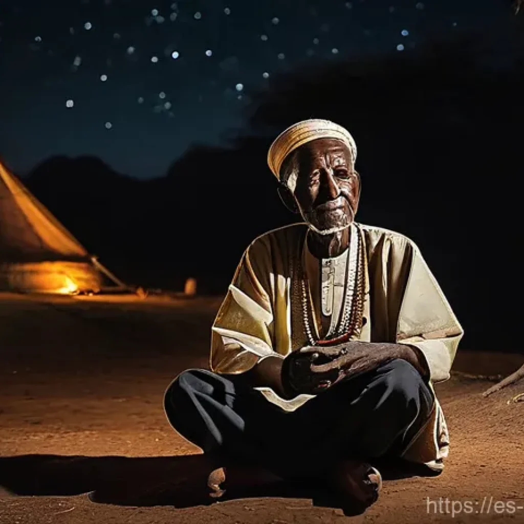 케냐 음악 축제 - **"Ancestral Harmony: Elder and Nyatiti under African Stars"**
A wise, elderly Kenyan man, with ...
