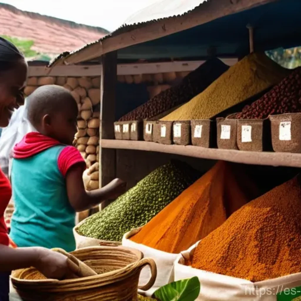 케냐 전통 음식 - **"A vibrant, bustling spice market in Mombasa, Kenya. The scene is filled with local vendors, all m...