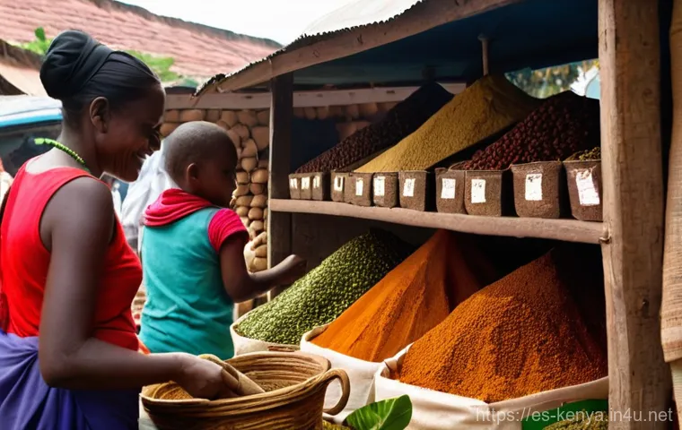 케냐 전통 음식 - **"A vibrant, bustling spice market in Mombasa, Kenya. The scene is filled with local vendors, all m...