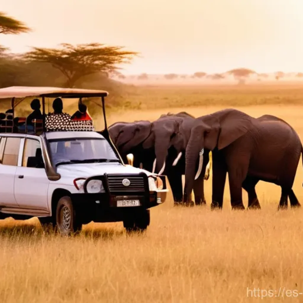 케냐로 가는 직항 노선 - **Prompt: A vibrant and authentic safari scene in the Maasai Mara at sunrise. A sturdy 4x4 safari ve...