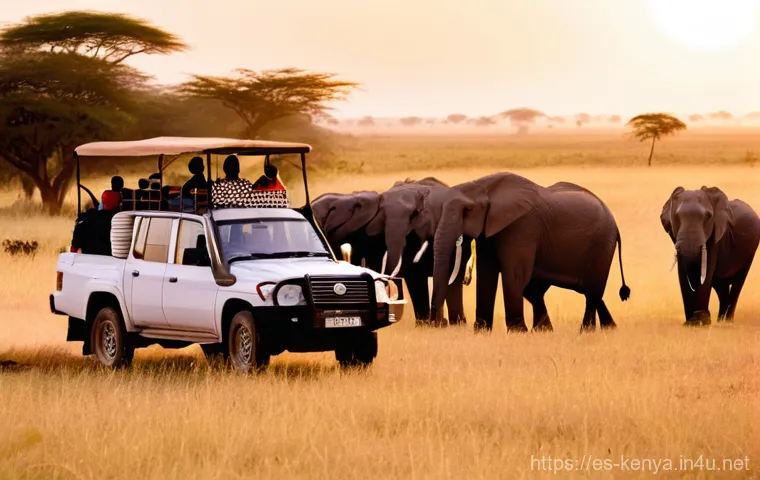 케냐로 가는 직항 노선 - **Prompt: A vibrant and authentic safari scene in the Maasai Mara at sunrise. A sturdy 4x4 safari ve...