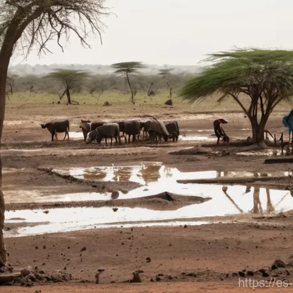 케냐의 자연재해 기록 - **Prompt:** A wide, cinematic shot of a severely drought-stricken landscape in a rural Kenyan region...