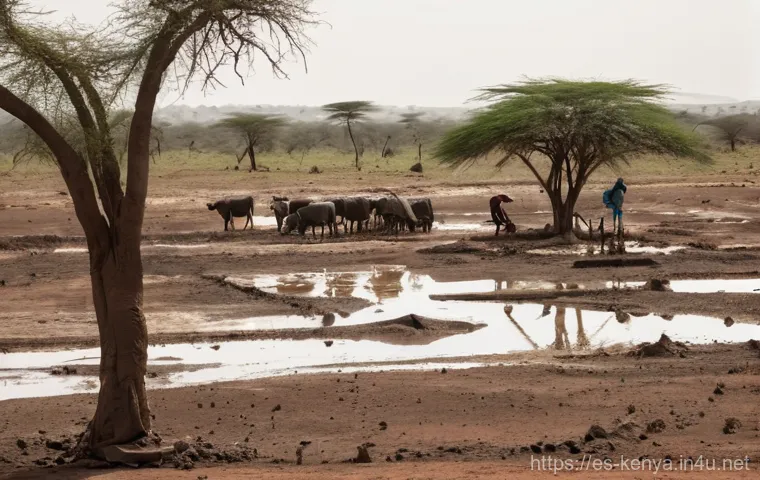 케냐의 자연재해 기록 - **Prompt:** A wide, cinematic shot of a severely drought-stricken landscape in a rural Kenyan region...