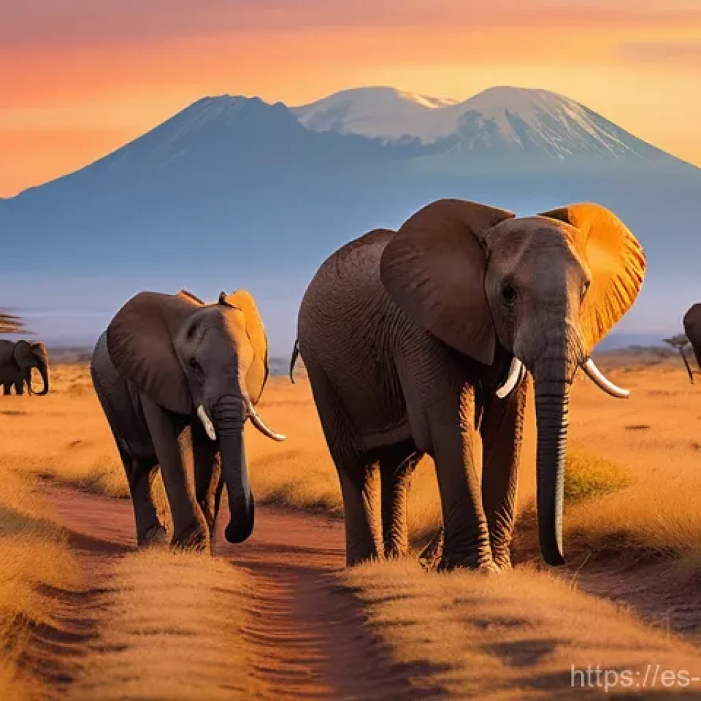 케냐에서의 도로 여행 - **Prompt:** A majestic African elephant family, including a curious young calf, gently traversing th...