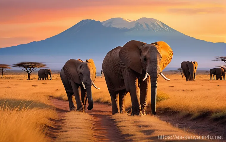케냐에서의 도로 여행 - **Prompt:** A majestic African elephant family, including a curious young calf, gently traversing th...