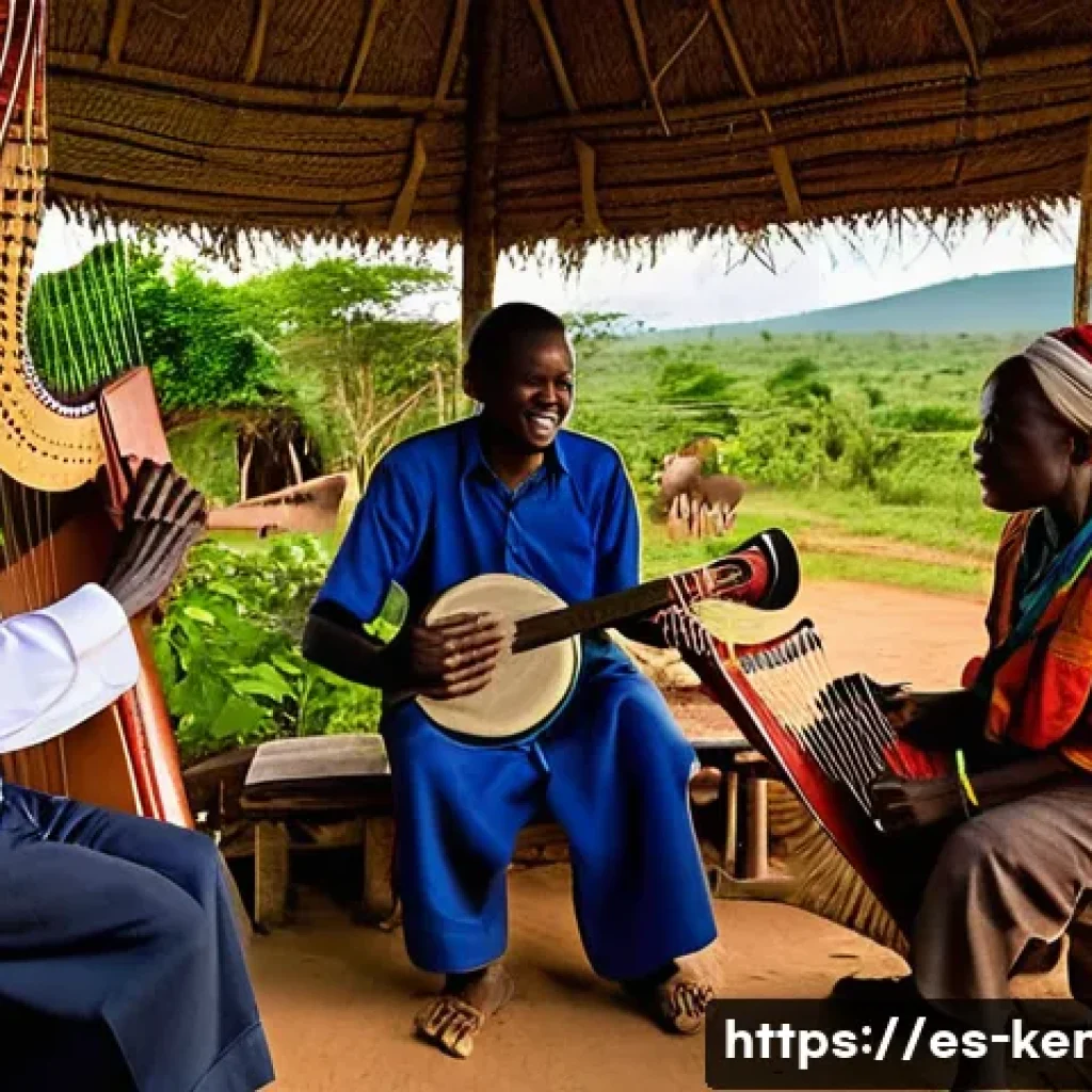 케냐의 전통 악기 - A traditional Luo village scene in Kenya at sunset, featuring an elder playing the nyatiti, an eight...