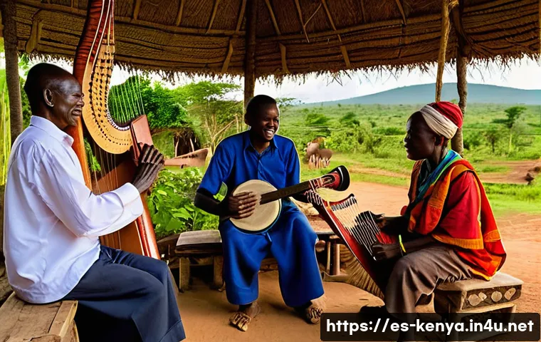 케냐의 전통 악기 - A traditional Luo village scene in Kenya at sunset, featuring an elder playing the nyatiti, an eight...