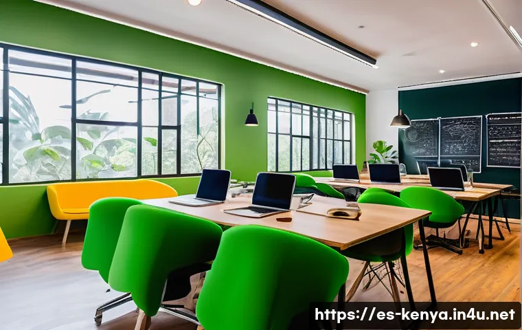 케냐의 IT 산업 성장 - A vibrant Nairobi coworking space filled with diverse young African tech entrepreneurs collaborating...