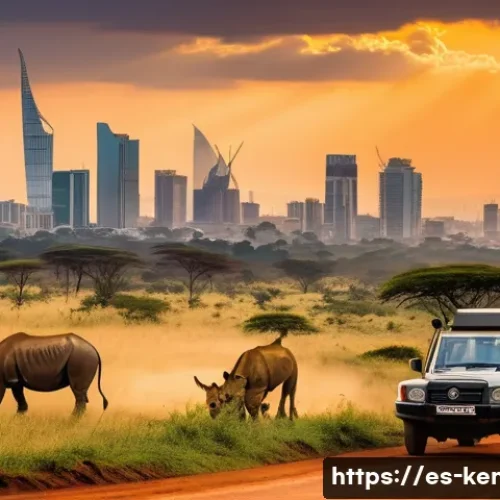 Home 32 나이로비에서 할 일 - A vibrant scene of Nairobi National Park at sunset with a diverse group of wildlife including rhinoc...