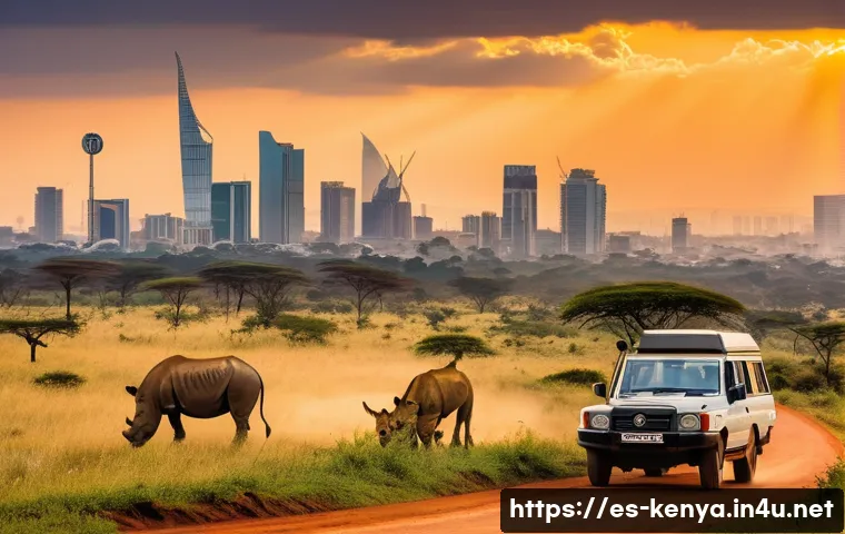 나이로비에서 할 일 - A vibrant scene of Nairobi National Park at sunset with a diverse group of wildlife including rhinoc...