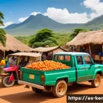 Home 19 케냐의 관광 수익 - A vibrant rural Kenyan marketplace scene bustling with local artisans selling handmade crafts and tr...