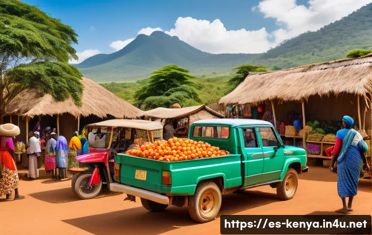 케냐의 관광 수익 - A vibrant rural Kenyan marketplace scene bustling with local artisans selling handmade crafts and tr...