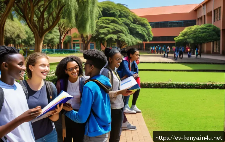 케냐에서 학위 취득하기 - A vibrant university campus scene in Nairobi, Kenya, showing a diverse group of international studen...