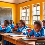 Home 22 케냐의 NGO 활동 - A vibrant rural Kenyan classroom scene showing enthusiastic children studying in a newly built, brig...