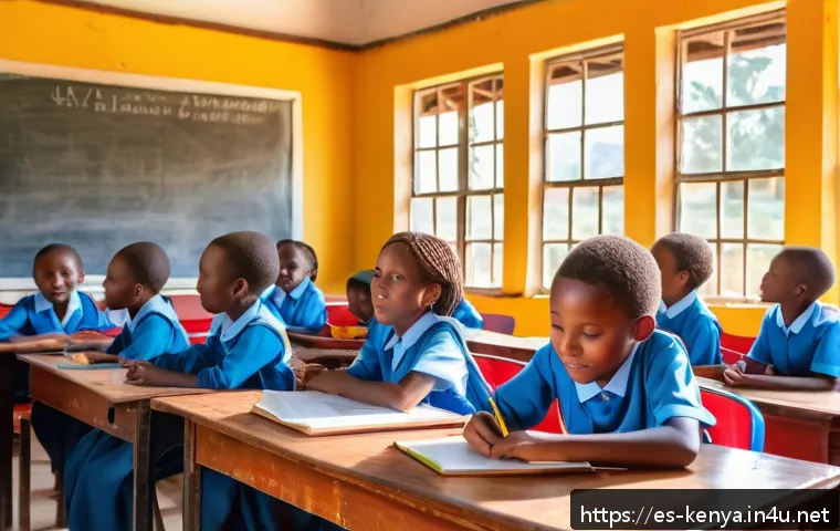 케냐의 NGO 활동 - A vibrant rural Kenyan classroom scene showing enthusiastic children studying in a newly built, brig...