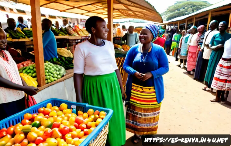 Home 16 케냐의 문화적 다양성 - Photorealistic documentary-style scene of a vibrant Kenyan community market in Nairobi, showing adul...